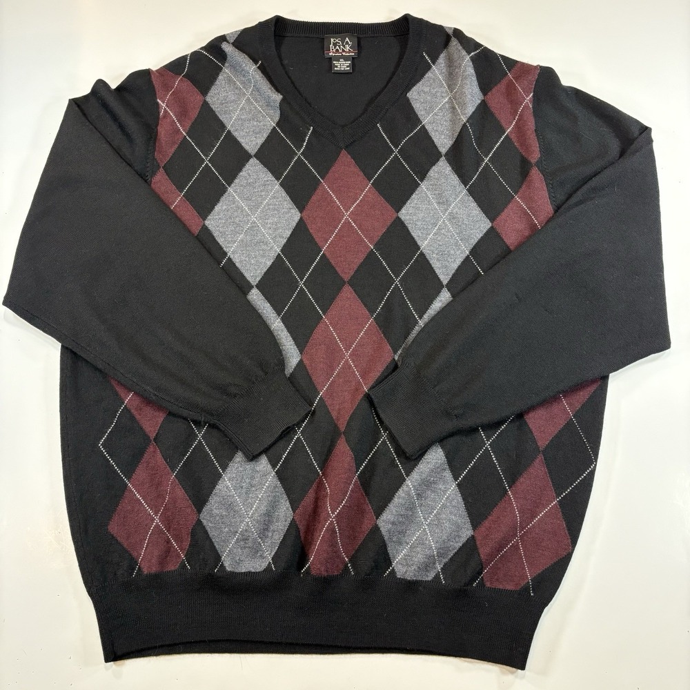 Jos A Bank Merino Wool Argyle Sweater XL Grandpacore Modern Preppy Dark Academia